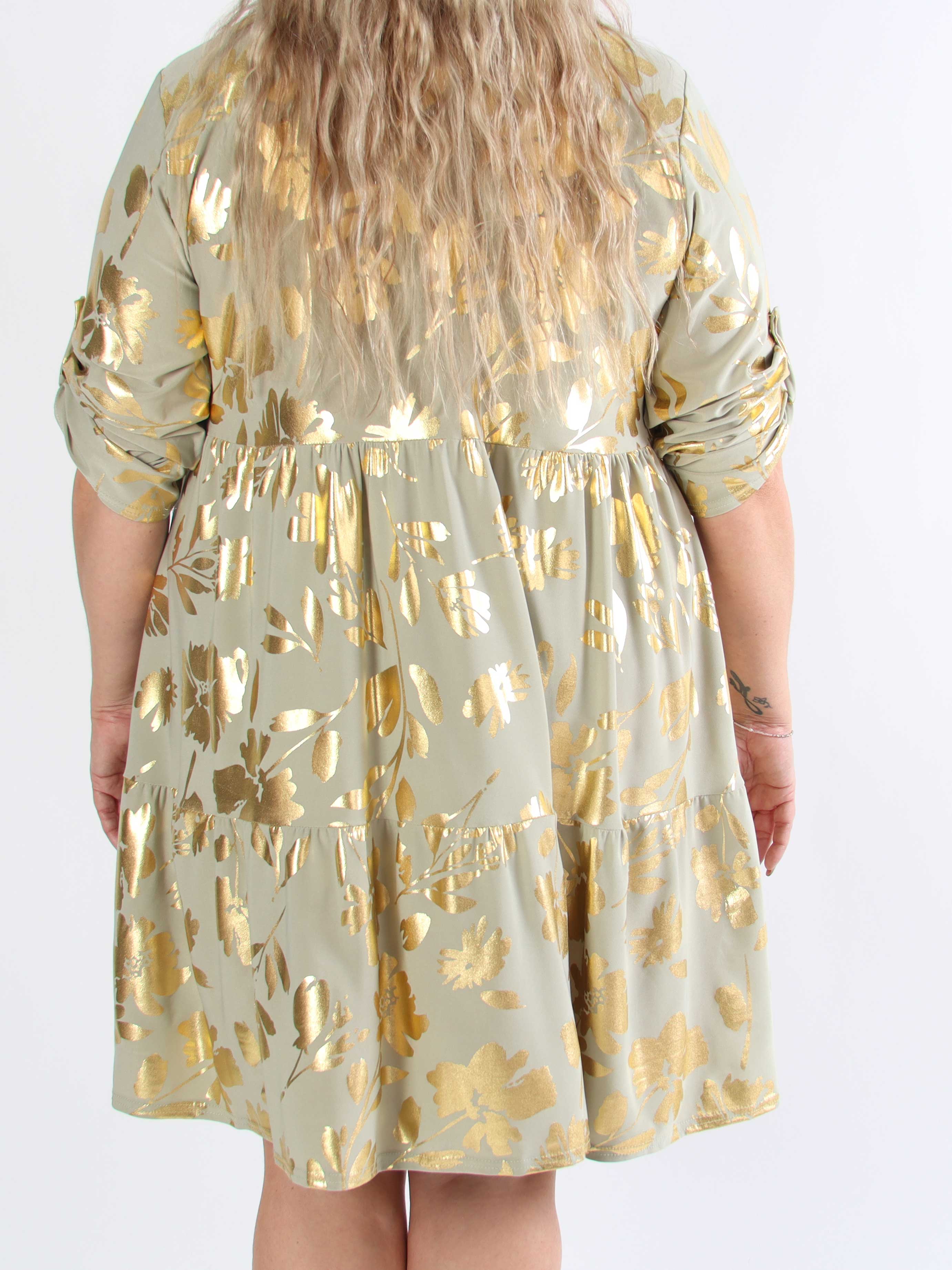 Milano Gold Flower Midi - Plus size kjole med guld blade og lag på lag look